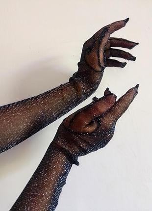 Чорні фатинові рукавички блискучі довгі рукавички