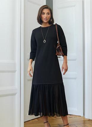 Платье миди с шифоновой оборкой (черная, хаки)