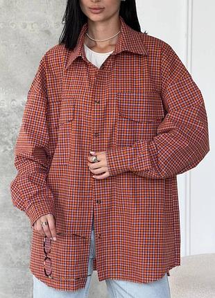 Женская качественная в клетку повседневная оверсайз рубашка в клетку оранжевая оранжевая