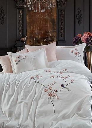 Сатинова постільна білизна з вишивкою. євро розміру. квіти з пташками. біле. dantela туреччина huma