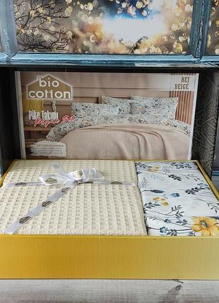 Bej вафельное покрывало с простынью и наволочками.  хлопок. bio cotton турция.