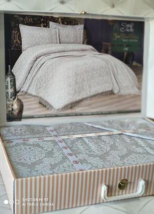 Жаккардовое покрывало 240х240см., с наволочками. karina туреччина. seda gri серо-голубое