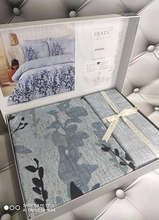 Евро размер. постельное белье. ранфорс. хлопок. fiesta турция. голубой с серым. цветы с листиками знижка