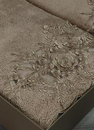 Трикотажные (пенье) полотенца в наборе. банное и для рук. турция pupilla candy kahve