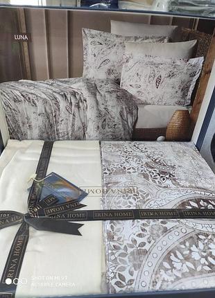 Сатинова постільна білизна. євро розмір. коричневый, кремовый, турецкий огурец. irina туреччина luna