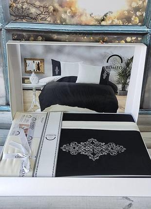 Постельное белье с вышивкой. ранфорс, 100% хлопок. romeo турция. черный с белым. vis.krem siyah