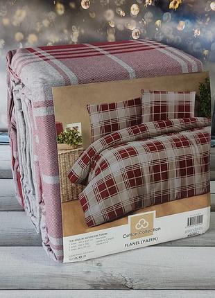 Полуторный, имний комплект постельного белья. фланель (байковое). cotton collection в клетку, бордо