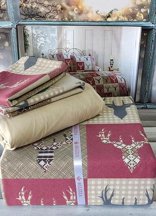 Фланелевое постельное белье. полуторный размер. мужское. олени. в клетку.  belizza турция. border