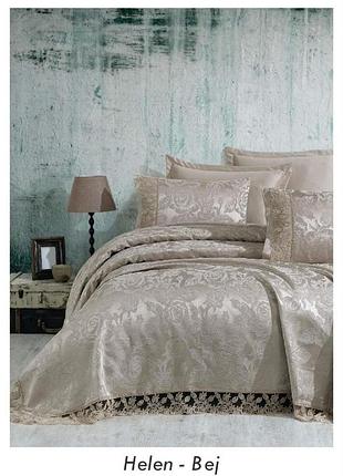 240х260см.бежевое жаккардовое покрывало с кружевом. наволочки 50х70см. gardines турция (3863) helen bej