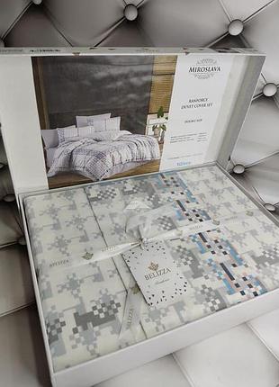 Евро размер. простынь на резинке. постельное белье. belizza турция. белый, голубой. miroslava