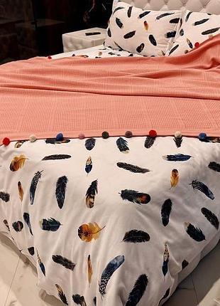 Персиковое 200х220см. хлопковое покрывало (пике) с помпонами. dantela турция.