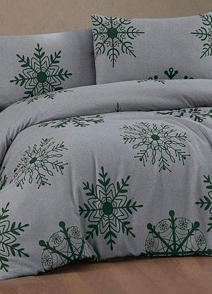 Зимний комплект постельного белья евро размер из фланели (байка) тм cotton collection снежинки серый с зеленым