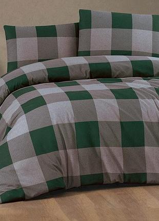 Зимний комплект постельного белья евро размер из фланели (байка). серый в зеленую клеточку.