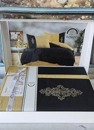 Постельное белье с вышивкой. ранфорс 100% хлопок. евро зармер. черный с желтым romeo турция. vis.yellow black