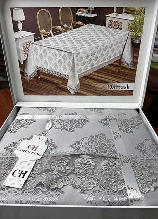 Жаккардовая скатерть с кружевом 160-220см. турция серебро