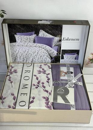Поплин. евро размер. постельное белье из натурального хлопка. лавандовый с веточками. вензель. турция. eskenem