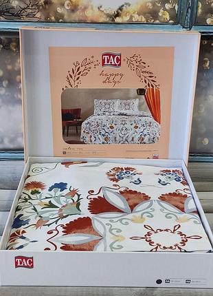 Сатиновое постельное белье, евро размер. белый фон, орнамент, закарпатье. tac туреччина viola знижка