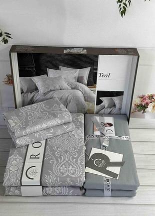 Поплин. евро размер. постельное белье из натурального хлопка. серое с вензелем. турция.