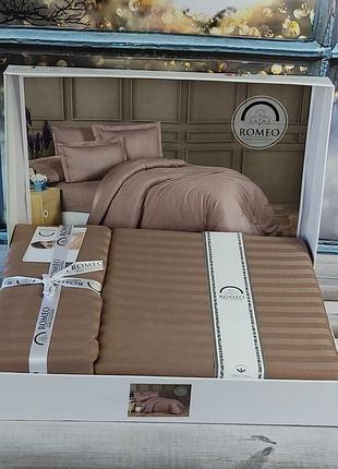 Сатин страйп, евро размер. однотонное в полоску постельное белье. romeo туреччина. кофе, коричневый.