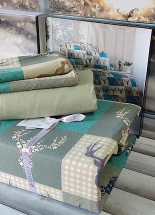 Евро размер. фланелевое (байка) постельное белье.турция. голубое с оленями. для подростков, для мальчика