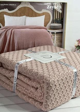 220х240см., в'язаний бавовняний плед. туреччина. персиковий колір. в'язка стільники. натуральна бавовна.