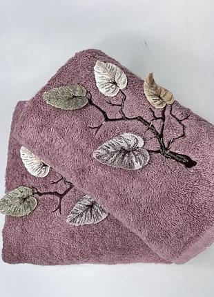 Набор полотенец баня + лицо, с вышивкой. 100% хлопок. листья сухая роза. piante турция