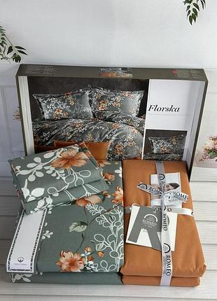 Поплин. евро размер. постельное белье из натурального хлопка. цветы, серый с терракотовый турция. florska