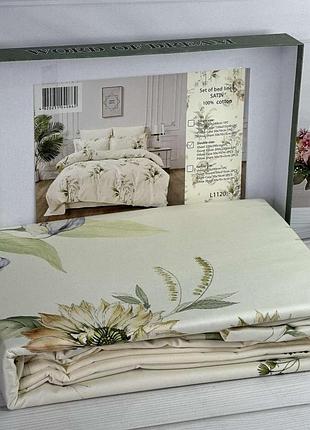 Сатиновое постельное белье. евро размер. 100% хлопок. кремовое с полевыми цветами. word of dreams китай