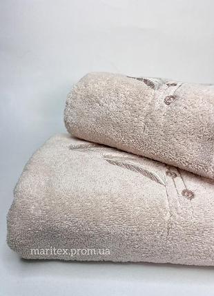 Набор полотенец баня + лицо, с вышивкой, перья. 100% хлопок. турция. персиковый с вышивкой, перья. piante