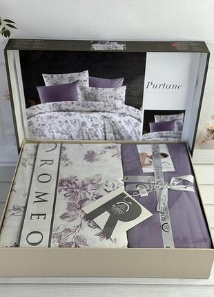 Поплин. евро размер. постельное белье из натурального хлопка. цветы, фиолетовый с кремовым. турция. purtane