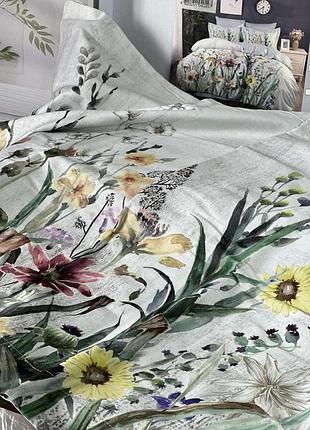 Сатиновое постельное белье. евро размер. 100% хлопок. серый с полевыми цветами. word of dreams китай