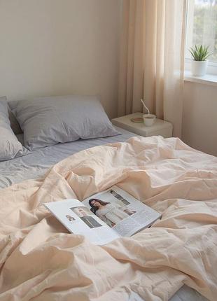 Вареный хлопок. нежное постельное белье однотонное беж с серым. украина. евро размер. пошив на заказ