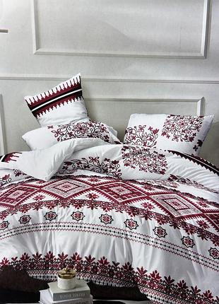 Евро комплект постельного белья бязь (хлопок). украинский орнамент. красное с белым. модель вишиванка
