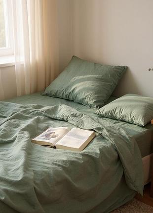 Вареный хлопок. нежное постельное белье из хлопка. зеленый однотонный цвет. украина. евро размер