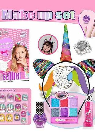 Дитячий набір косметики для дітей лак, глітер, прикраси, блиск для губ, обруч, блискітки, аплікатор, пензлик, наклейки для нігтів