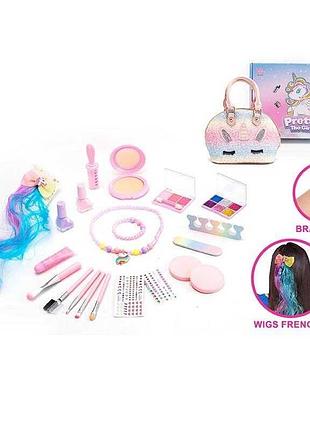 Набір косметики сумочка, пудрениця з дзеркальцем, тіні, глітер, 2 лаки, роздільник для пальців, пилка, штучне пасмо волосся