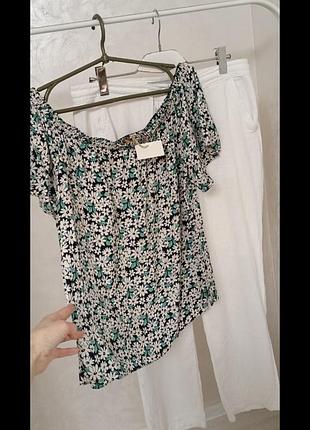 Костюм блузка в ромашку хлопковая лен брюки белые прямые женский комплект брючины рубашка