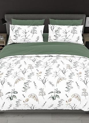 Комплект постельного белья комбинированный, с цветами в сочетании с однотонной темно-зеленой тканью, 100% хлопок