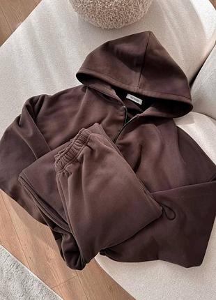 Стильный спортивный прогулочный костюм оверсайз из хлопка петля цвет: серый, шоколад, холодный беж