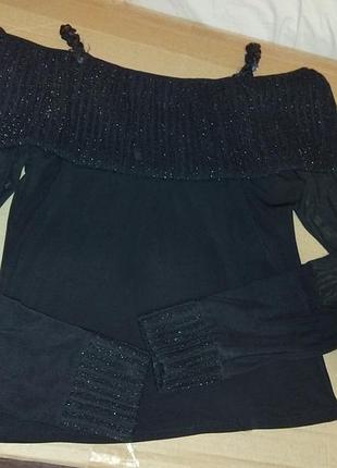 Кофта женская чёрная нарядная с гооыми плечами блестящий воротник прозрачные рукава сетка блуза вечерняя