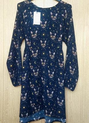 Платье черное, качественный плотный шелк, принт " котики", размер м.