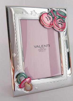 Серебряная фоторамка под фотографию 9см х13см для девочки с розовой эмалью рамочка под фото детская