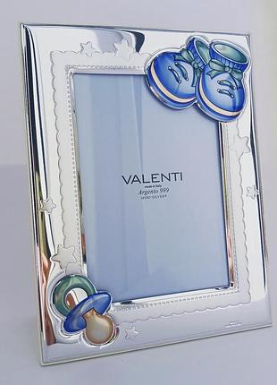 Серебряная фоторамка под фотографию 9см х13см для мальчика с эмалью рамочка под фото детская