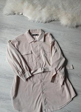 Вельветова тепла сорочка бежива під пояс