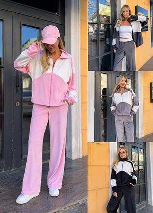 Женский велюровый костюм, брюки свободного кроя прямые без манжетов и кофта на молнии