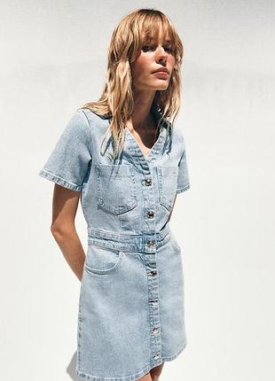 Джинсова сукня zara, z1975 mini denim short sleeve dress zara, коротка джинсова сукня з короткими рукавами zara