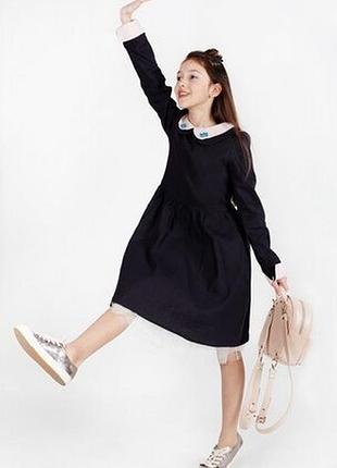 Дизайнерское хлопковое платье для маленькой модницы 10-11 лет со съемным воротничком и манжетами