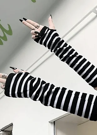 Митенки перчатки полосатые черные в белую полоску панк эмо