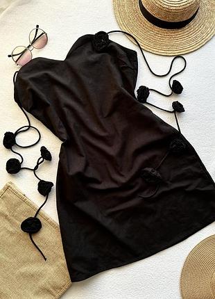 Сукня жіноча чорна міні льон з розами