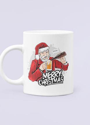 Чашка керамическая кружка с принтом санта любит пиво белая 330 мл